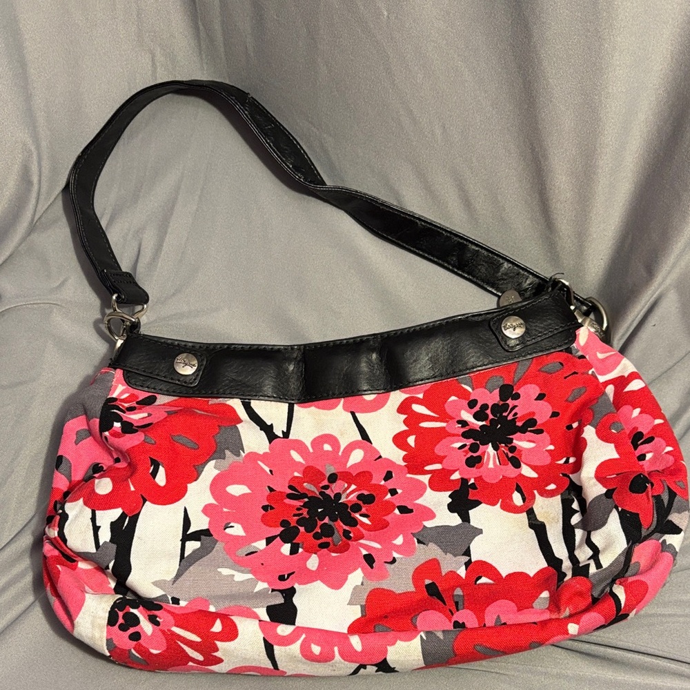 Thirty-One Red Floral Shoulder Bag with Black Trim